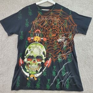 Christian Audigier T Shirt Men Large Black Spiderweb Skulls Swords Wings Jeweled